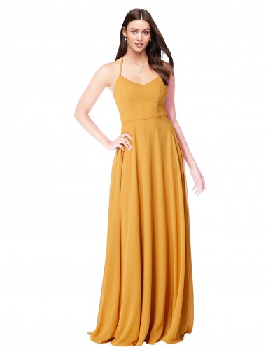 Billigste Safran A-Linien V-Ausschnitt Chiffon Lange Brautjungfernkleider