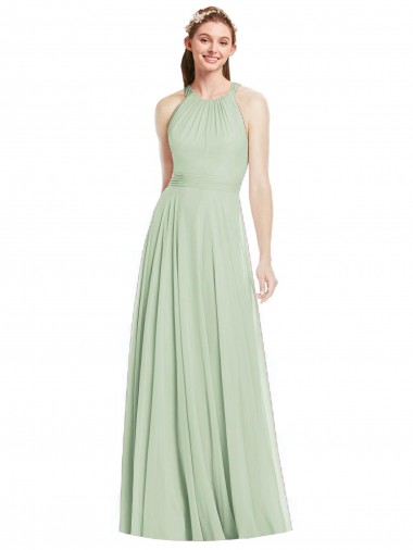 Billigste Salbeigrün A-Linien Neckholder Chiffon Lange Brautjungfernkleider