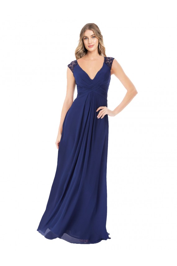 Billigste Saphir A-Linien V-Ausschnitt Chiffon Lange Brautjungfernkleider