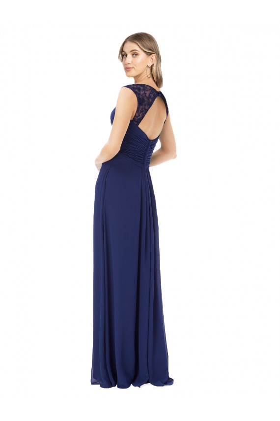 Billigste Saphir A-Linien V-Ausschnitt Chiffon Lange Brautjungfernkleider