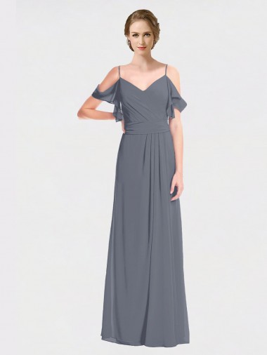 Billigste Schiefergrau A-Linien Off-Schulter V-Ausschnitt Chiffon Lange Brautjungfernkleider