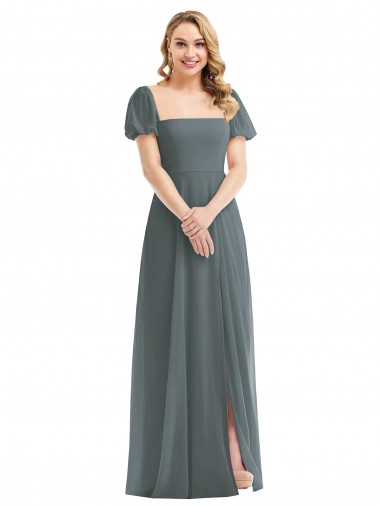 Billigste Schiefergrau A-Linien Quadrat Ausschnitt Chiffon Lange Brautjungfernkleider