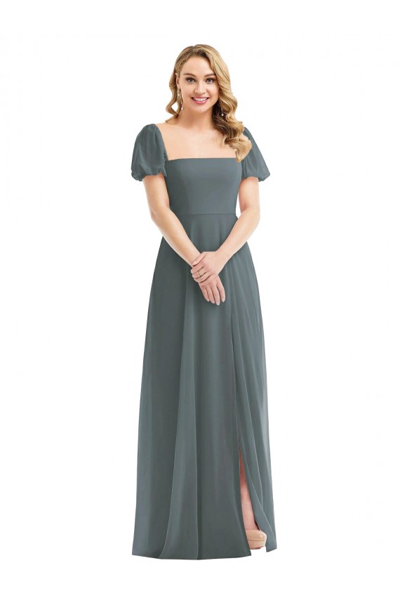 Billigste Schiefergrau A-Linien Quadrat Ausschnitt Chiffon Lange Brautjungfernkleider