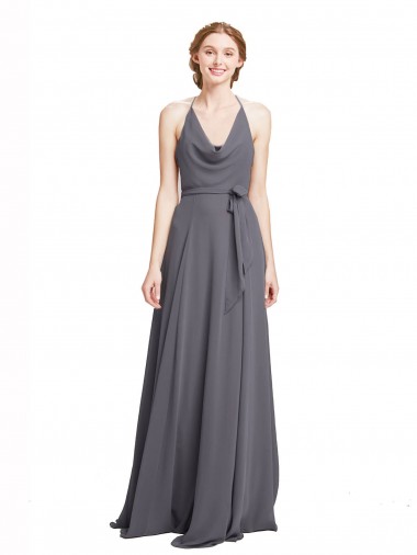 Billigste Schiefergrau A-Linien Spaghetti-Träger Neckholder Chiffon Lange Brautjungfernkleider