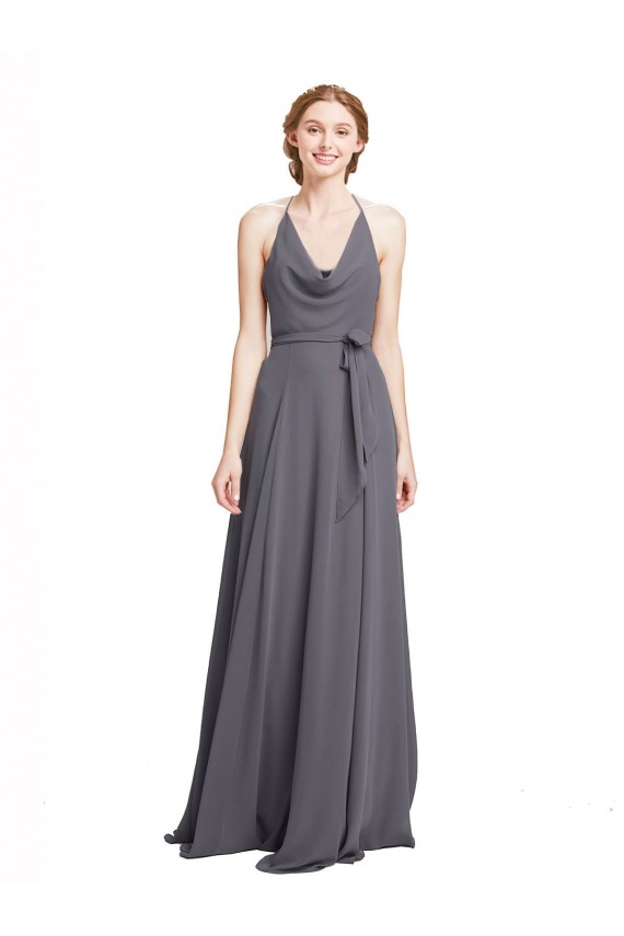 Billigste Schiefergrau A-Linien Spaghetti-Träger Neckholder Chiffon Lange Brautjungfernkleider
