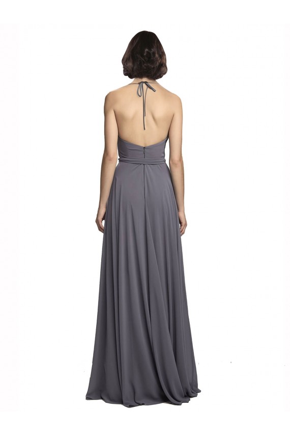 Billigste Schiefergrau A-Linien Spaghetti-Träger Neckholder Chiffon Lange Brautjungfernkleider