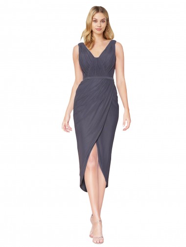Billigste Schiefergrau Meerjungfrau V-Ausschnitt Cocktail Chiffon Kurze Formale Brautjungfernkleider / Abendkleider / Abiballkleider