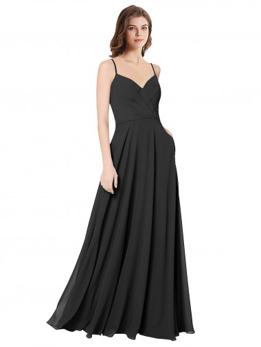 Billigste Schwarz A-Linien Chiffon Lange Brautjungfernkleider