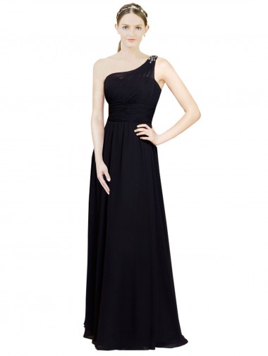 Billigste Schwarz A-Linien Eine-Schulter Chiffon Lange Brautjungfernkleider