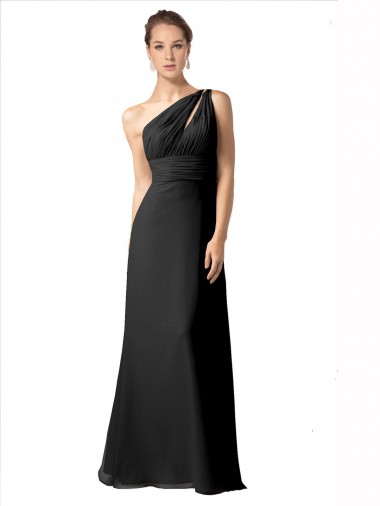 Billigste Schwarz A-Linien Eine-Schulter Chiffon Lange Brautjungfernkleider
