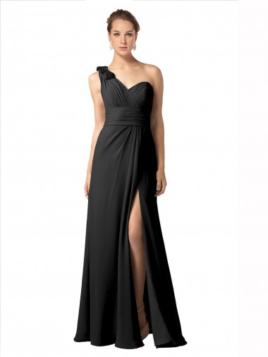 Billigste Schwarz A-Linien Eine-Schulter Chiffon Lange Brautjungfernkleider