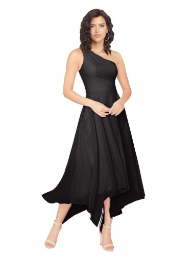 Billigste Schwarz A-Linien Eine-Schulter Trägerlos Midi Chiffon Kurze Brautjungfernkleider / Cocktailkleider / Heimkehr Kleider