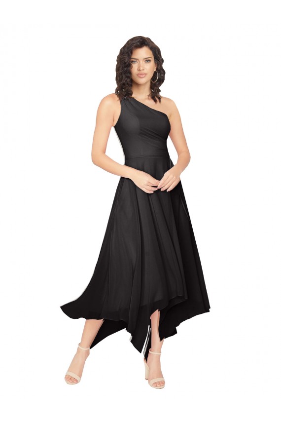 Billigste Schwarz A-Linien Eine-Schulter Trägerlos Midi Chiffon Kurze Brautjungfernkleider / Cocktailkleider / Heimkehr Kleider