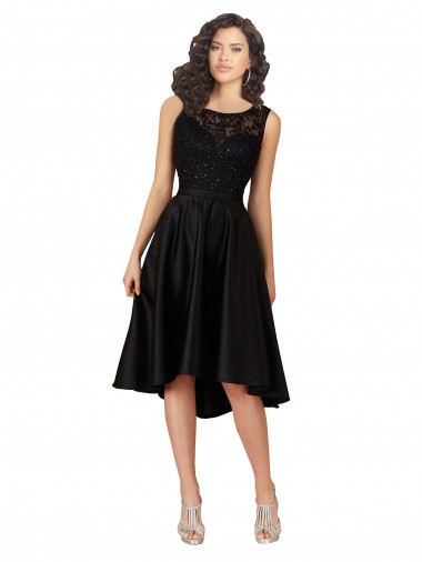 Billigste Schwarz A-Linien Illusion Ausschnitt Midi Satin Spitze Kurze Brautjungfernkleider / Cocktailkleider / Heimkehr Kleider