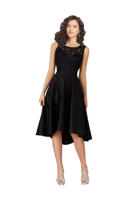 Billigste Schwarz A-Linien Illusion Ausschnitt Midi Satin Spitze Kurze Brautjungfernkleider / Cocktailkleider / Heimkehr Kleider