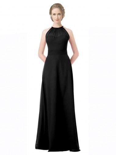 Billigste Schwarz A-Linien Neckholder Chiffon Lange Brautjungfernkleider