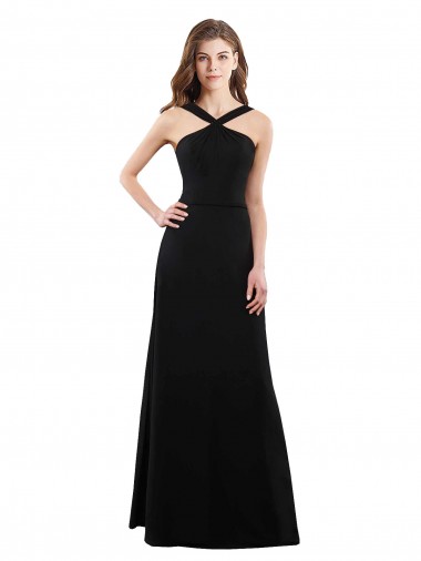 Billigste Schwarz A-Linien Neckholder Chiffon Lange Brautjungfernkleider