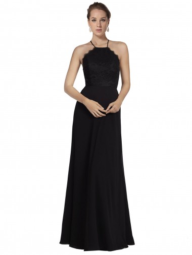 Billigste Schwarz A-Linien Neckholder Chiffon Spitze Lange Brautjungfernkleider