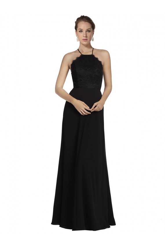 Billigste Schwarz A-Linien Neckholder Chiffon Spitze Lange Brautjungfernkleider