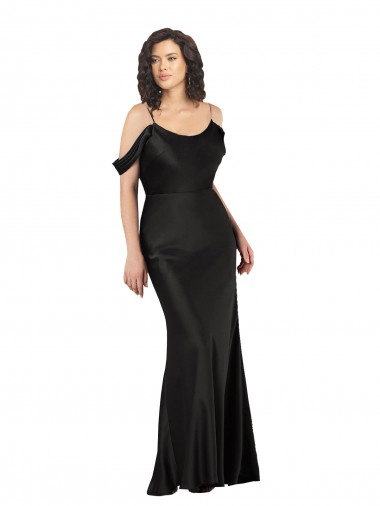 Billigste Schwarz A-Linien Off-Schulter Seidiger Satin Lange Formale Brautjungfernkleider / Abendkleider / Abiballkleider