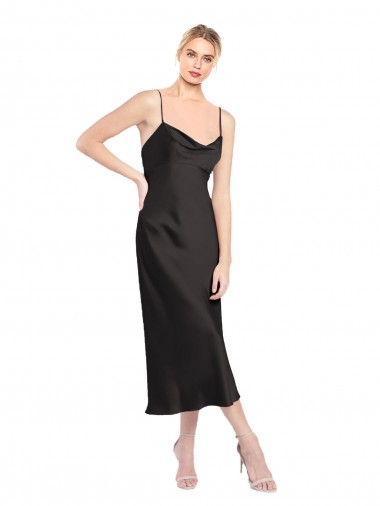 Billigste Schwarz A-Linien Spaghetti-Träger Haube Ausschnitt Midi Stretch-Satin Kurze Formale Brautjungfernkleider / Abendkleider / Abiballkleider / Cocktailkleider / Heimkehr Kleider