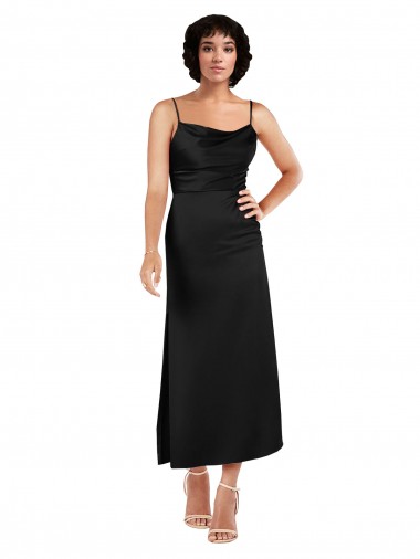 Billigste Schwarz A-Linien Spaghetti-Träger Haube Ausschnitt Wadenlang Seidiger Satin Kurze Formale Brautjungfernkleider / Abendkleider / Abiballkleider / Cocktailkleider / Heimkehr Kleider