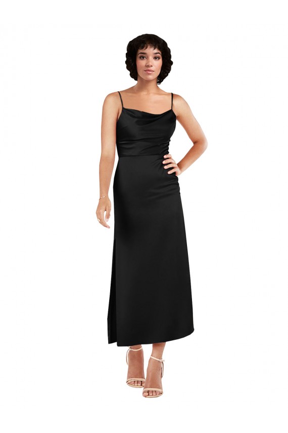 Billigste Schwarz A-Linien Spaghetti-Träger Haube Ausschnitt Wadenlang Seidiger Satin Kurze Formale Brautjungfernkleider / Abendkleider / Abiballkleider / Cocktailkleider / Heimkehr Kleider