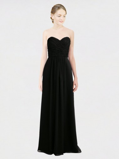 Billigste Schwarz A-Linien Trägerlos Chiffon Spitze Lange Brautjungfernkleider