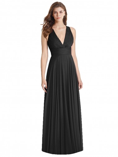 Billigste Schwarz A-Linien V-Ausschnitt Chiffon Lange Brautjungfernkleider