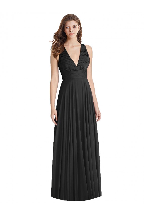 Billigste Schwarz A-Linien V-Ausschnitt Chiffon Lange Brautjungfernkleider
