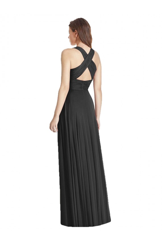 Billigste Schwarz A-Linien V-Ausschnitt Chiffon Lange Brautjungfernkleider