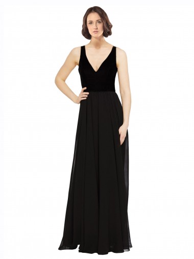 Billigste Schwarz A-Linien V-Ausschnitt Chiffon Samt Lange Brautjungfernkleider / Abiballkleider
