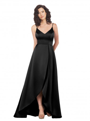 Billigste Schwarz A-Linien V-Ausschnitt Seidiger Satin Lange Formale Brautjungfernkleider / Abendkleider / Abiballkleider
