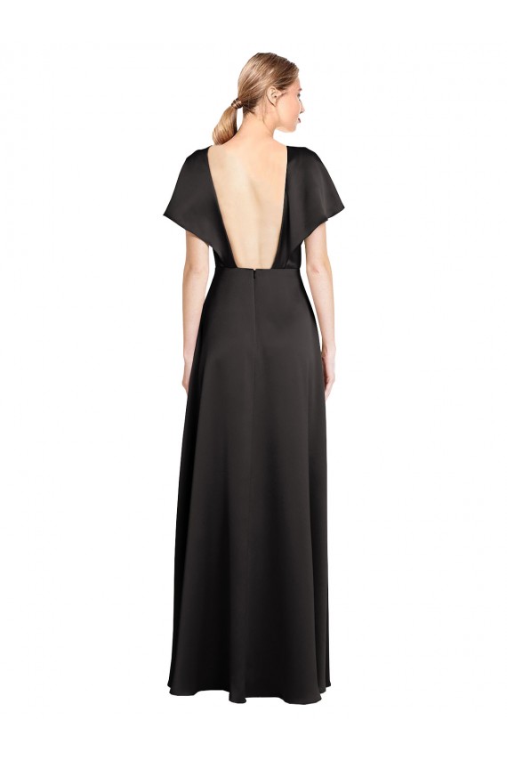 Billigste Schwarz A-Linien V-Ausschnitt Stretch-Satin Lange Formale Brautjungfernkleider / Abendkleider / Abiballkleider