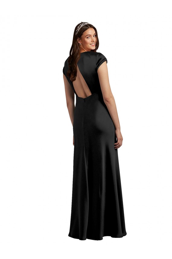 Billigste Schwarz A-Linien V-Ausschnitt Stretch-Satin Lange Formale Brautjungfernkleider / Abendkleider / Abiballkleider