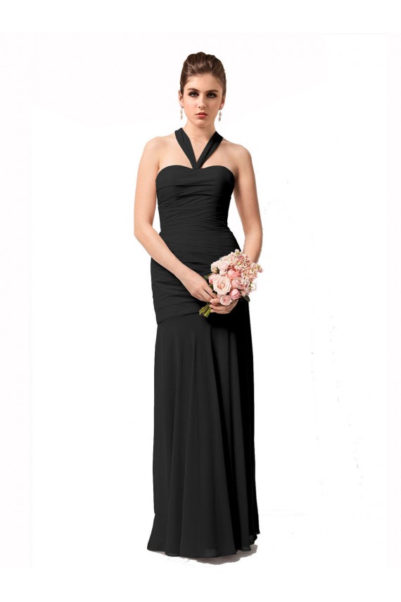 Billigste Schwarz Meerjungfrau Neckholder Chiffon Lange Brautjungfernkleider