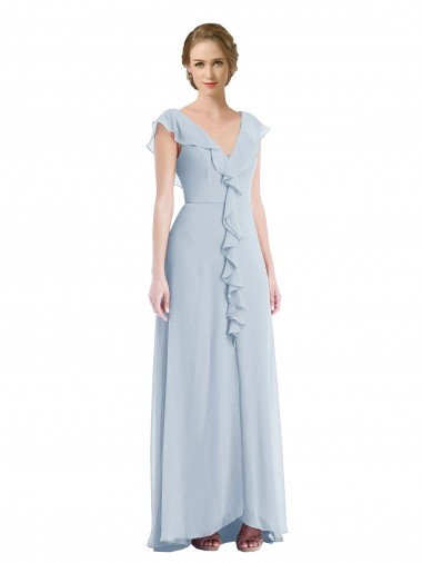 Billigste Seeglas A-Linien V-Ausschnitt Chiffon Lange Brautjungfernkleider
