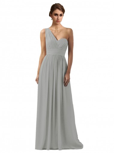 Billigste Silber A-Linien Eine-Schulter Chiffon Lange Brautjungfernkleider