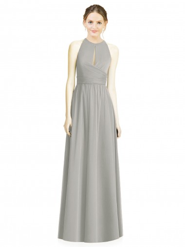 Billigste Silber A-Linien Neckholder Chiffon Lange Brautjungfernkleider