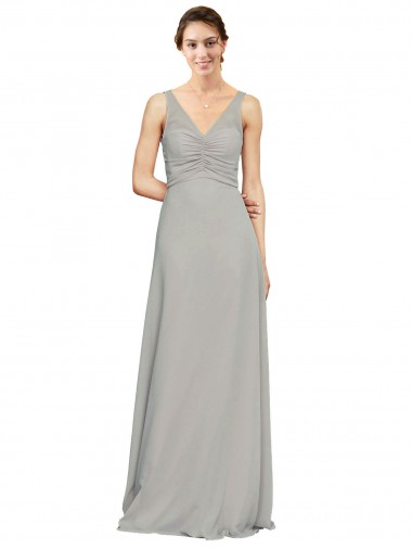Billigste Silber A-Linien V-Ausschnitt Chiffon Lange Brautjungfernkleider