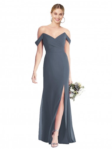 Billigste Silberner Stein Trompete Off-Schulter Chiffon Lange Brautjungfernkleider