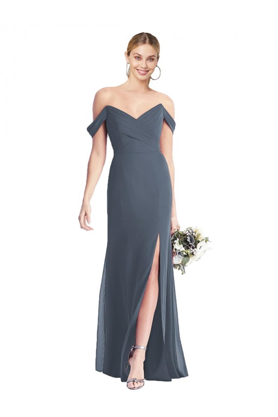Billigste Silberner Stein Trompete Off-Schulter Chiffon Lange Brautjungfernkleider