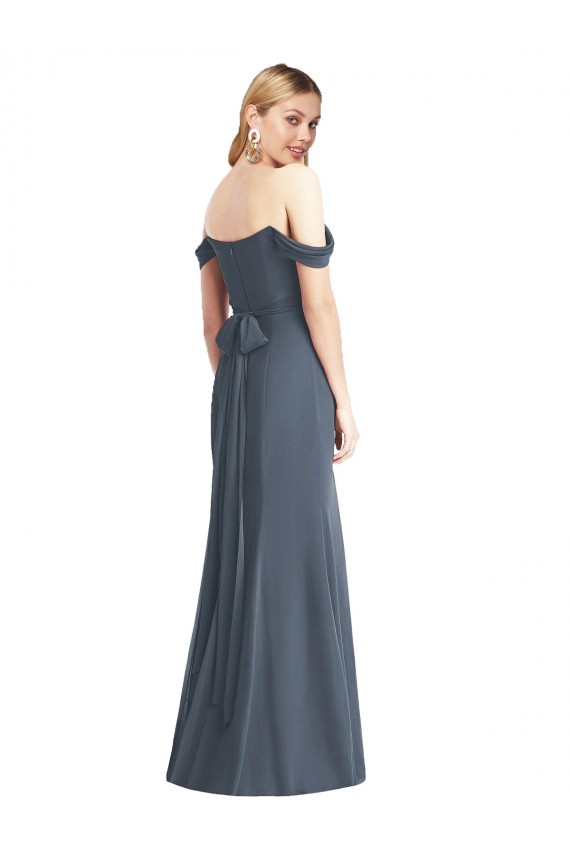 Billigste Silberner Stein Trompete Off-Schulter Chiffon Lange Brautjungfernkleider