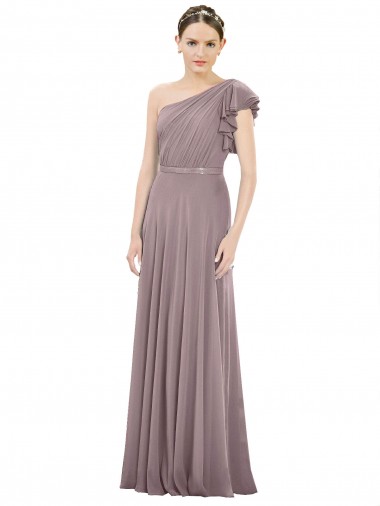 Billigste Staubige Rose A-Linien Eine-Schulter Chiffon Lange Brautjungfernkleider