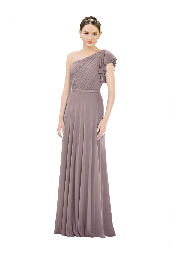 Billigste Staubige Rose A-Linien Eine-Schulter Chiffon Lange Brautjungfernkleider