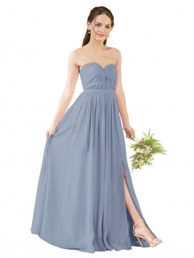 Billigste Staubiges Blau A-Linien Chiffon Lange Brautjungfernkleider