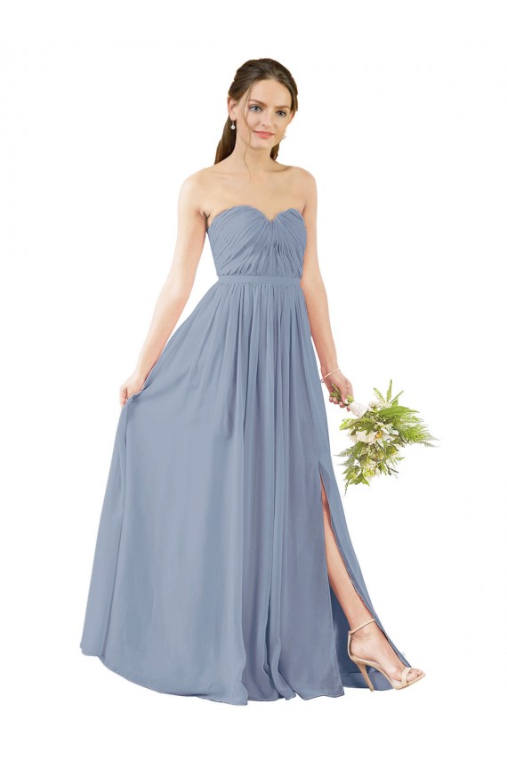 Billigste Staubiges Blau A-Linien Chiffon Lange Brautjungfernkleider