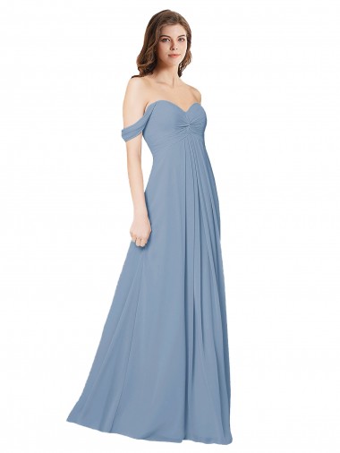 Billigste Staubiges Blau A-Linien Chiffon Lange Brautjungfernkleider