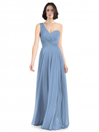 Billigste Staubiges Blau A-Linien Eine-Schulter Chiffon Lange Brautjungfernkleider