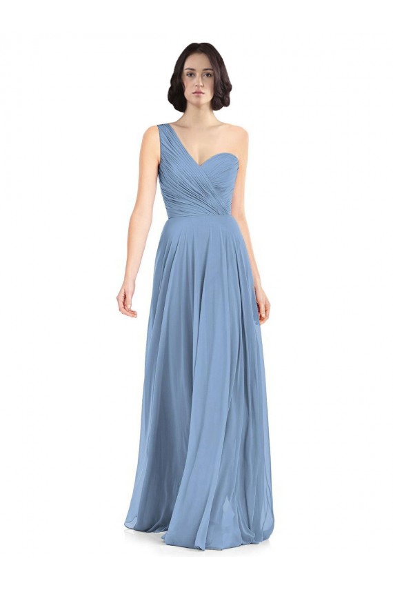 Billigste Staubiges Blau A-Linien Eine-Schulter Chiffon Lange Brautjungfernkleider